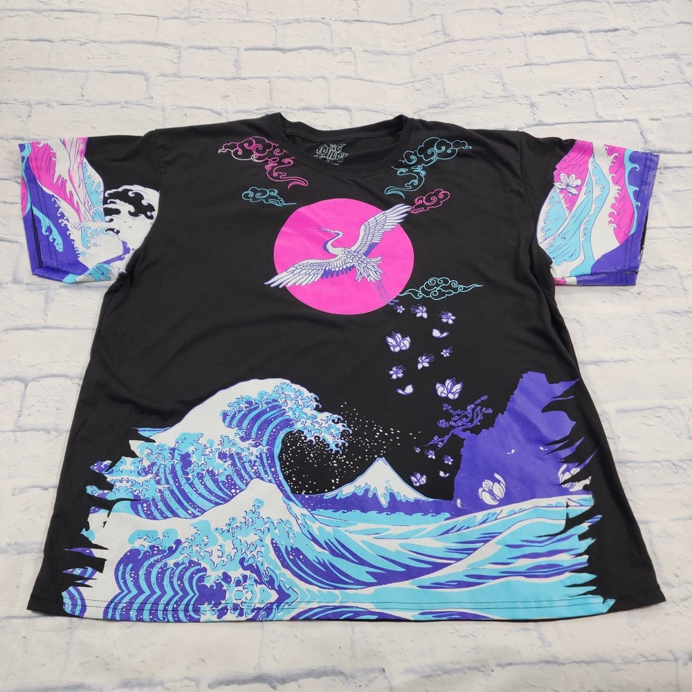 The Young & Wild MENS SIZE 3XL Tokyo White Crane Waves T Shirt XXXL Black Pink